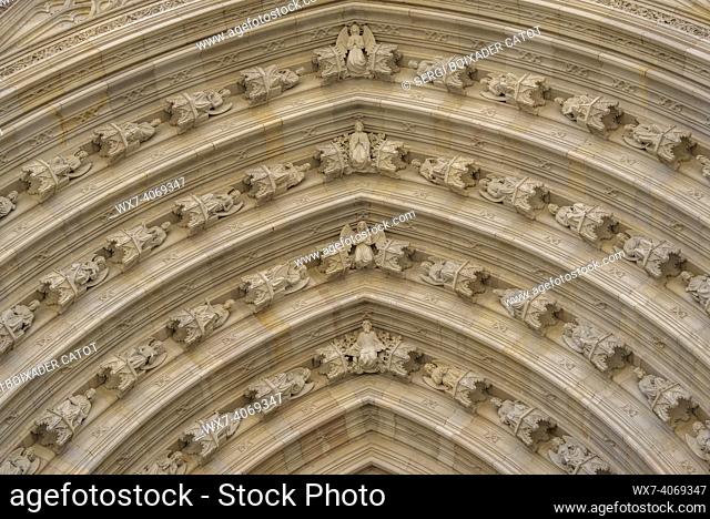 Sculptures of the central arcade of the Barcelona Cathedral, with neo-Gothic style (Barcelona, Catalonia, Spain)