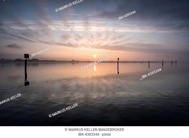 View across Lake Constance at sunrise, Radolfzell, district of Konstanz, Baden-Württemberg, Germany