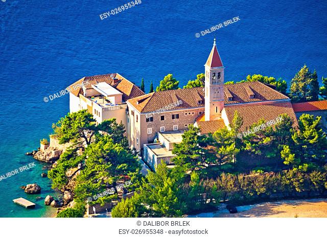 Bol church and monastery on Brac coast aerial view, Dalmatia, Croatia