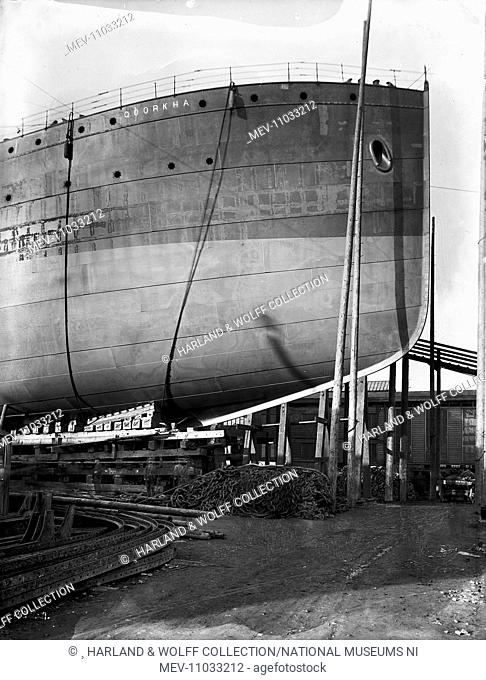 Starboard bow profile on renumbered 7 slip, South Yard prior to launch. Ship No: 311. Name: Goorkha. Type: Passenger Ship. Tonnage: 6286