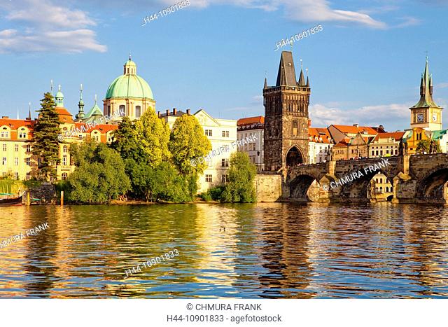 architecture, bridge, Charles bridge, cities, city, cityscape, colour, Czech Republic, day, Europe, exterior, outdoor, outdoors, outside, Prague, praha, river
