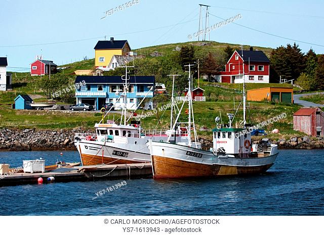 Moored fishing boats, Vesterålen archipelago it is the northern continuation of Lofoten archipelago, Troms Nordland county, Norway