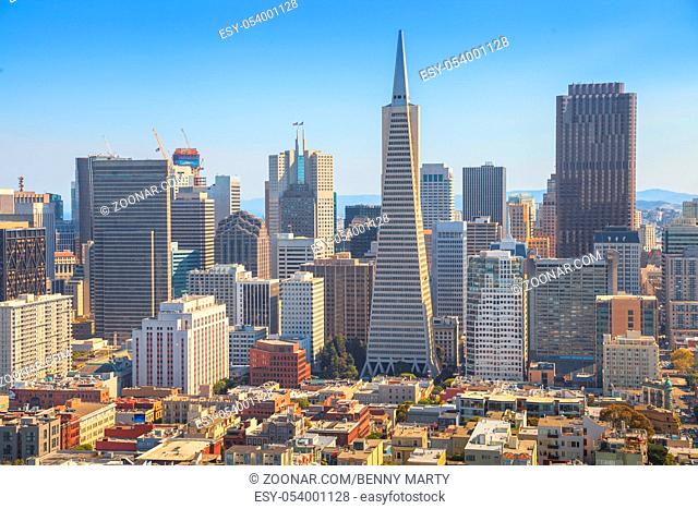 San Francisco skyline. Aerial view of Financial District and Transamerica Pyramid from top of Coit Tower on sunny day, California, United States