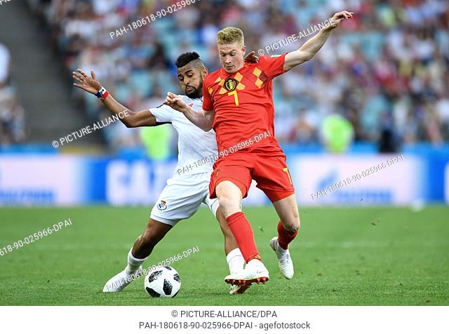 18 June 2018, Russia, Sochi: Soccer: World Cup, preliminary stage, Group G: Belgium vs Panama in the Sochi Stadium. Belgium's Kevin de Bruyne (R) and Panama's...