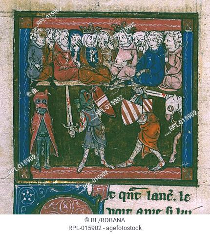 Lancelot fighting Sir Mador, defending the honour of Guinevere, before Arthur, Guinevere, and the court Image taken from La Mort le Roi Artus