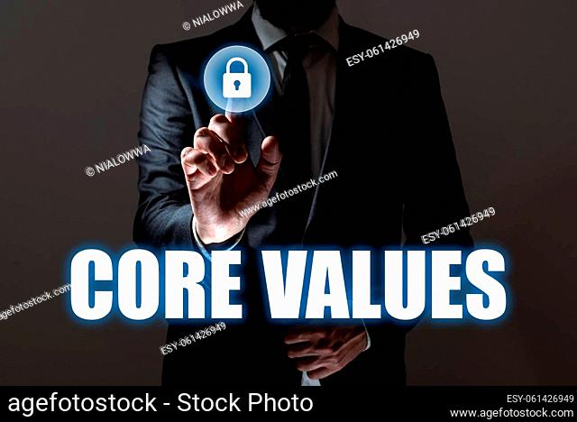 Conceptual caption Core Values, Business overview belief person or organization views as being importance -47347