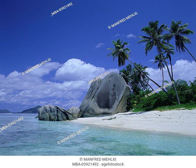 Seychelles, island, sandy beach, rocks, palms, lake, clouded sky, island state, island-group, coast-landscape, coast, landscape, beach, palm-beach