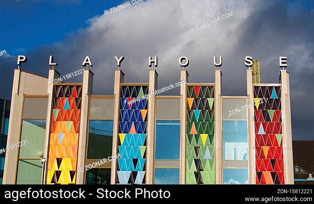 Leeds, West Yorkshire, United Kingdom - 22 February 2020: the brightly coloured facade of the new west yorkshire playhouse theatre building against a bright...