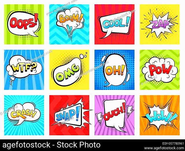 Comic sounds. Cartoon explode stripped burst frames and speech bubbles with words boom vector retro template. Illustration of bubble speech expression