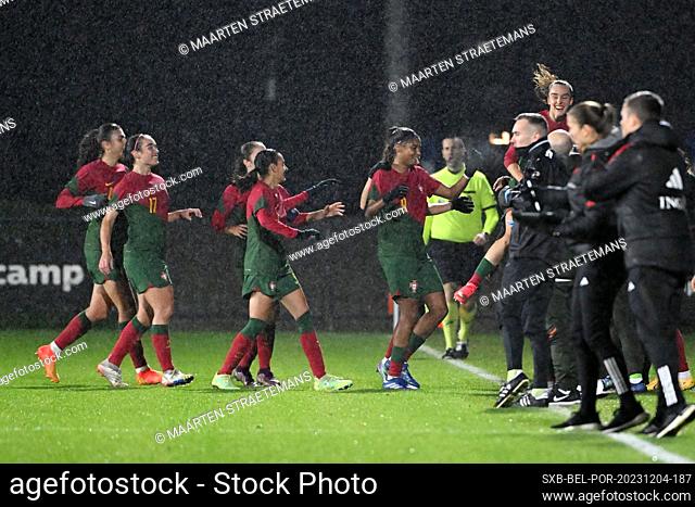 Lara Pintassilgo of Portugal celebrates after scoring the 2-1 goal during a friendly soccer game between the national women under 23 teams of Belgium
