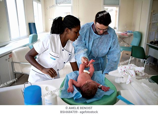 Photo essay at the maternity of the Diaconesses hospital in Paris, France. 1-day-old newborn baby