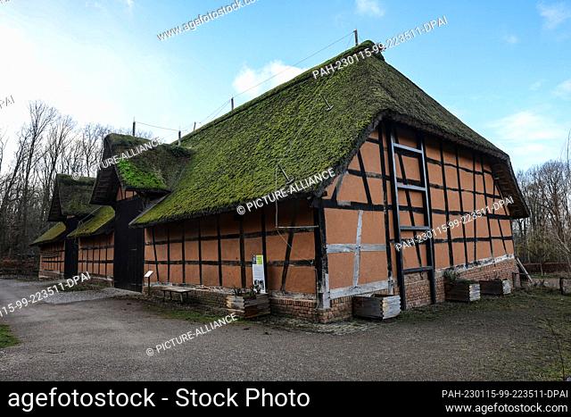 13 January 2023, North Rhine-Westphalia, Mechernich: A tithe barn stands in the open-air museum in Kommern. The woodworm has made itself at home in the wooden...