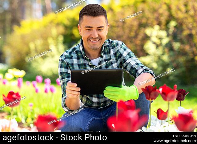 man with tablet pc and flowers at summer garden