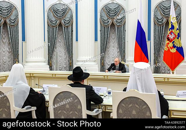 RUSSIA, MOSCOW - OCTOBER 25, 2023: Russia's President Vladimir Putin (C) holds a meeting with heads of the main religious denominations of Russia in the...