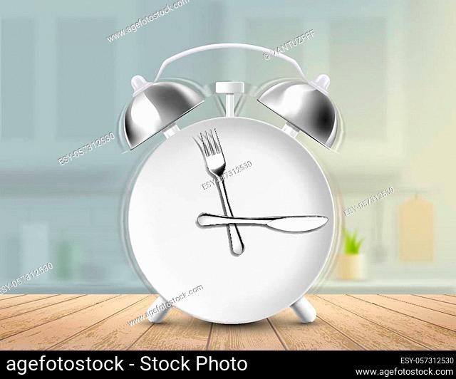 Plate with a fork and a knife as an alarm clock. Kitchen background with wooden table. Vector illustration