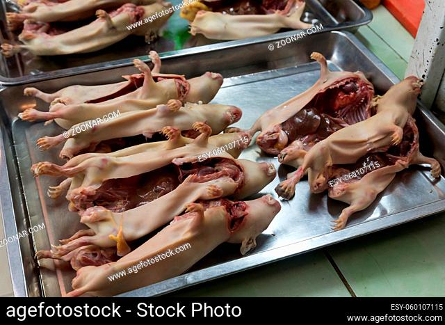 Photograph of slaughtered guinea pigs on the local market in Huaraz, Peru