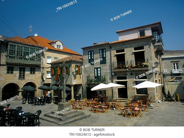 Galicia Spain Pontevedra Praza Da Lena Cafes Around 16th Century Stone Cross Camino De Santiago Pilgrims Route