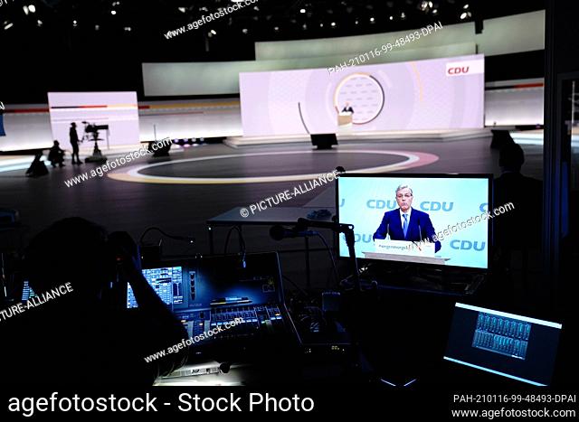 16 January 2021, Berlin: Norbert Röttgen, candidate for the party chair, speaks at the digital federal party conference of the CDU and is displayed on a...