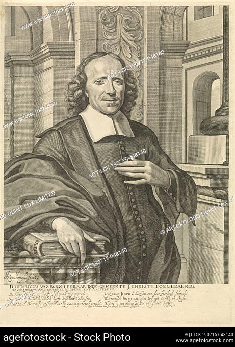 Portrait of Henricus van Born, Portrait of the pastor Henricus van Born, standing in a church. He holds his left hand against his chest and rests on the Bible...