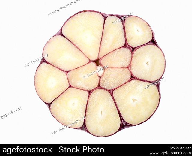 Raw garlic slice close-up isolated on white background. Top view
