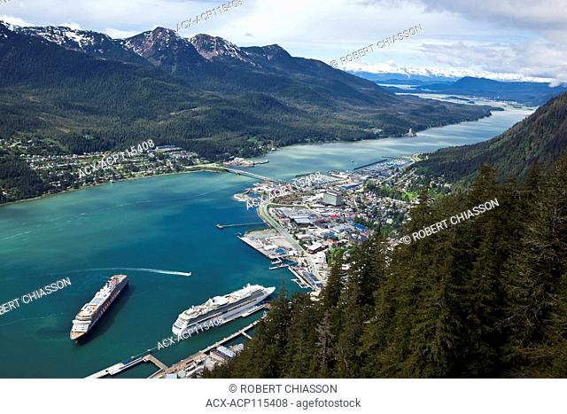 From left to right, high angle view of Douglas Island, the Gastineau Channel and Juneau, Alaska, U.S.A