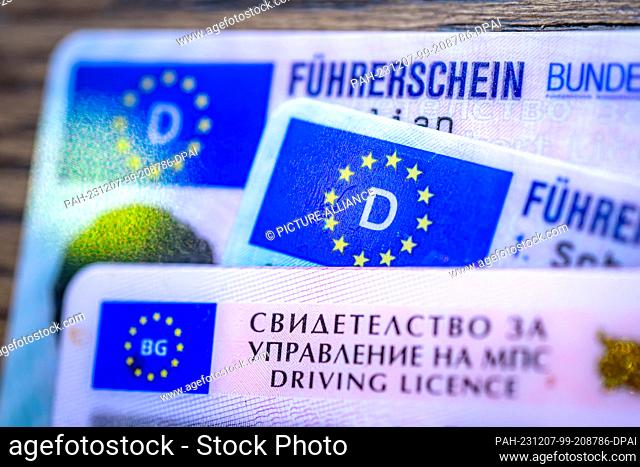 06 December 2023, Bremen: ILLUSTRATION - One Bulgarian and two German driving licenses lie on a table. The Transport Committee in the EU Parliament is voting on...