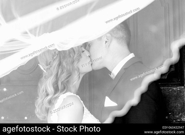 Bride and groom kisses tenderly in the shadow of a flying veil. Close up portrait of sexy stylish wedding couple kissing under white vail
