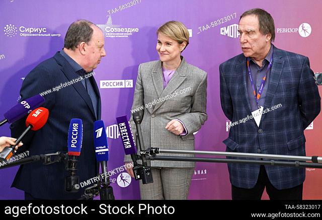RUSSIA, KRASNODAR REGION - APRIL 9, 2023: Central Music School rector Valery Pyasetsky, Yelena Shmeleva, chairperson of the Council of the Sirius Federal...