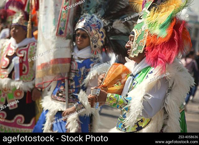Indigenous people wearing mask and traditional clothing performing during the celebrations in front of the Basilica on the festival day dedicated to Our Lady of...