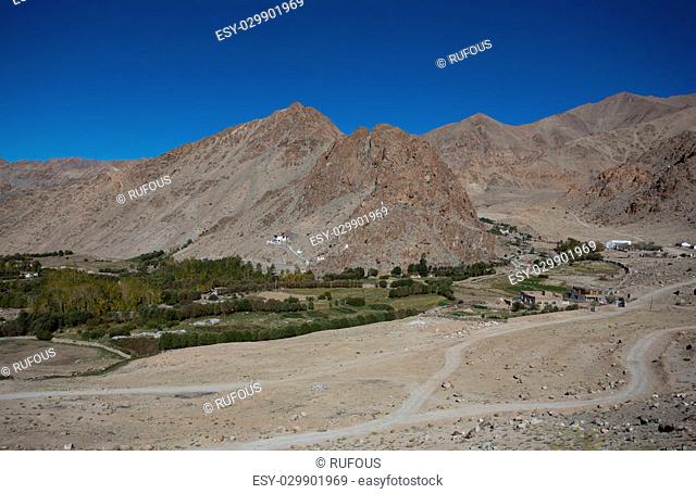 Green and yellow mountains fields near Ladakh's capital Leh, India