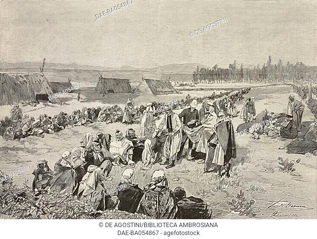 Distribution of food in Ponteba, near Chlef (Orleansville), famine in Algeria, illustration from L'Illustration, No 2617, April 22, 1893
