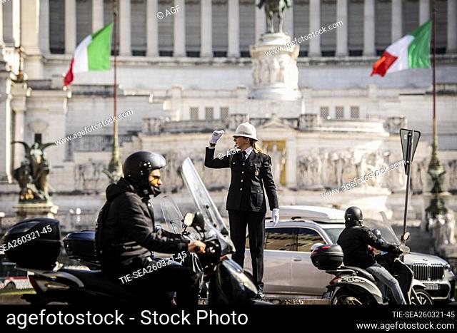 Cristina Corbucci, the first female traffic controller to stand on the retractable podium in Rome’s famous Piazza Venezia, Rome, Italy 27 March 2021