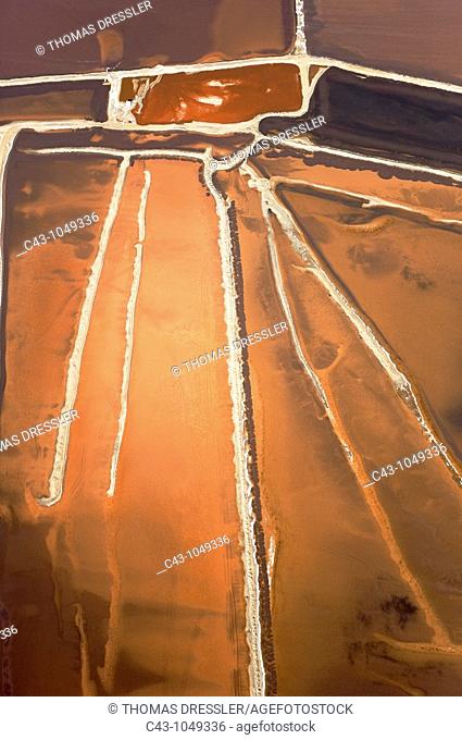 Namibia - Aerial view of saline water at the salt works of Walvis Bay between Namib Desert and Atlantic Ocean