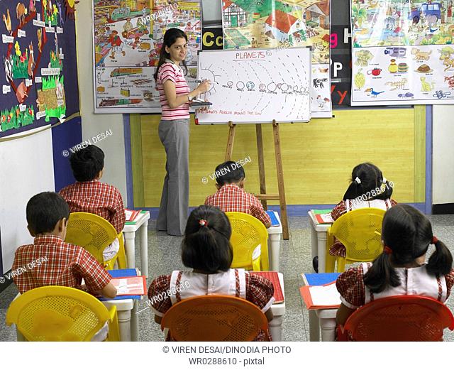 South Asian Indian teacher showing picture on board to children in nursery school MR