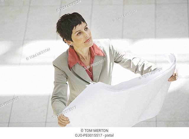 Aerial view of businesswoman with blueprints