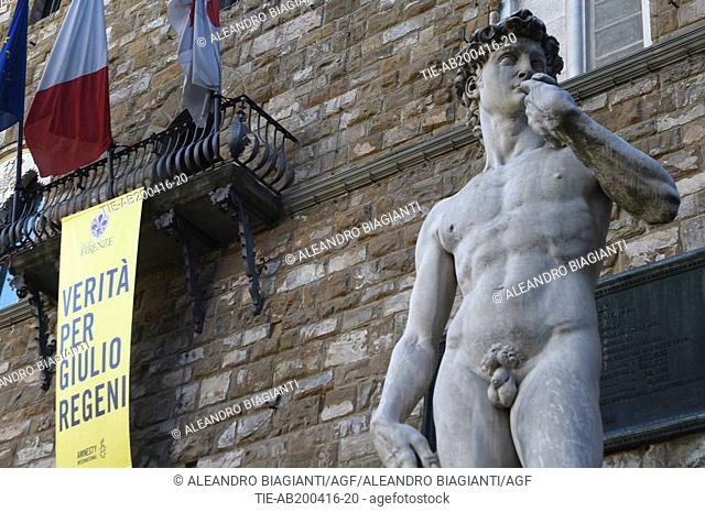 Banner 'Truth for Giulio Regeni' exposed on Palazzo Vecchio, Florence, ITALY-20-04-2016