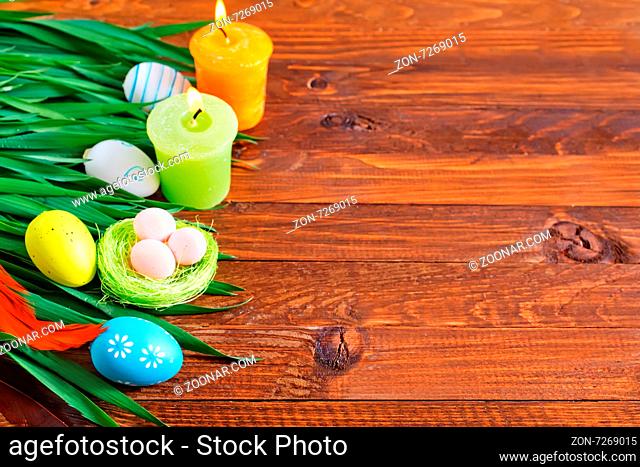easter eggs on the wooden table, color eggs