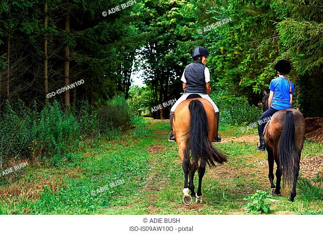 Rear view of mature woman and girl horse riding