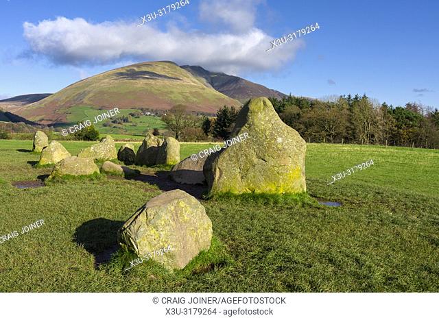 The ancient Castlerigg Stone Circle with Blencathra fell beyond in the English Lake District National Park, Cumbria, England