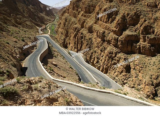 Morocco, Dades-Valley, Dades-Gorges, country road, view, Africa, North-Africa, landscape, rocks, canyon, rocky, meager, streets, curves, curved, serpentine