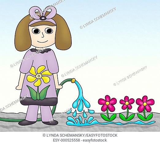 Young girl watering garden flowers with a hose