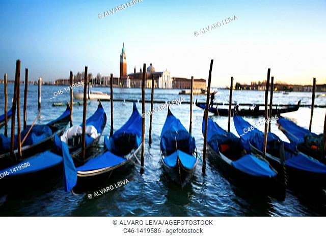 Gondolas and San Giorgio Maggiore church in background  Venice  Veneto, Italy