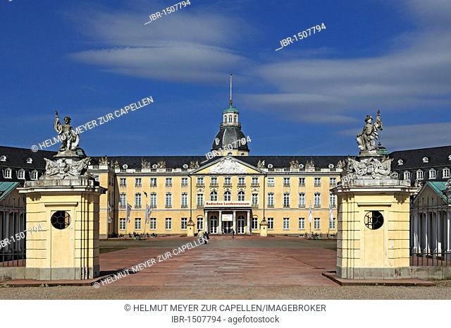 Entrance facade of Schloss Karlsruhe palace, 1715, with Schlossplatz square, Karlsruhe, Baden-Wuerttemberg, Germany, Europe
