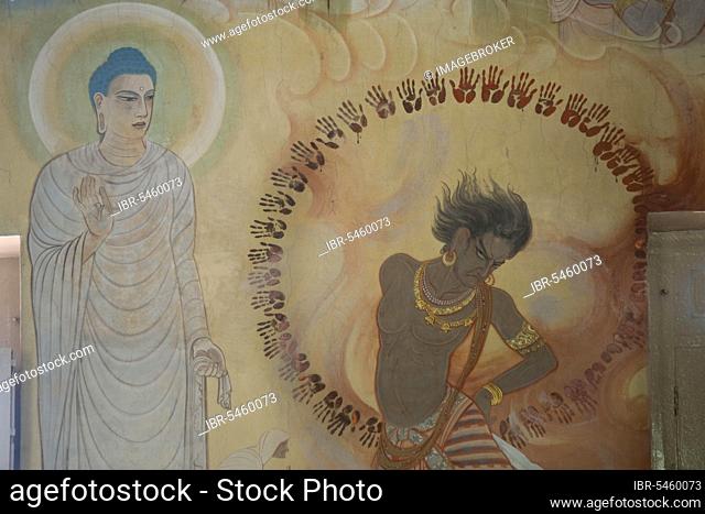 Devil Angulimal and Buddha, mural by the Japanese artist Kosetsu Nosu, Mulagandha Kuti Vihara Temple, Sarnath, Uttar Pradesh, India, Asia