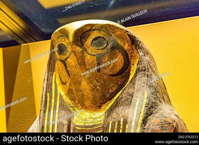 Egypt, Cairo, Egyptian Museum, cartonnage coffin with hawk head, found in the royal necropolis of Tanis, burial of the king Sheshonq 2