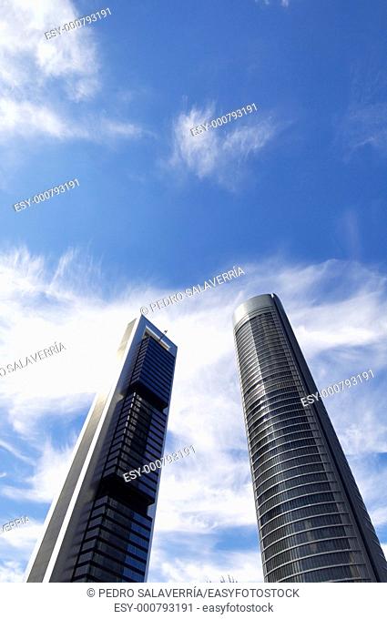 futuristic view of two skyscrapers in the city of Madrid, Spain