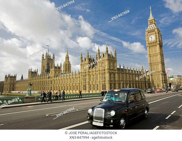 Cab in Westminster bridge  Houses of Parliament, Big Ben  London, United Kingdom