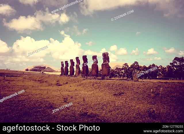 Moais statues, ahu Akivi, easter island, Chile