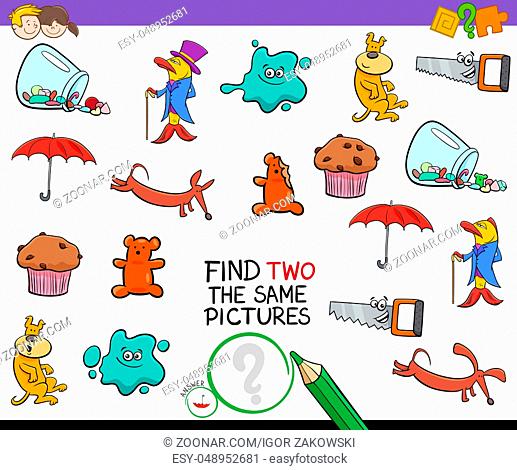 Cartoon Illustration of Finding Two The Same Pictures Educational Activity Game for Preschool Children