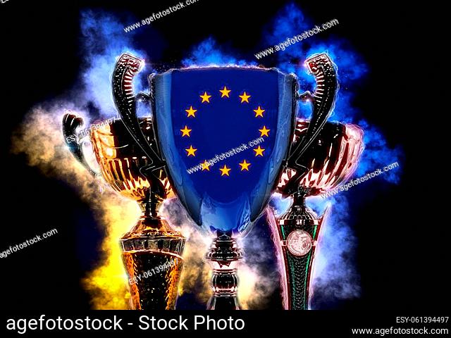 Trophy cup textured with flag of European Union. Digital illustration